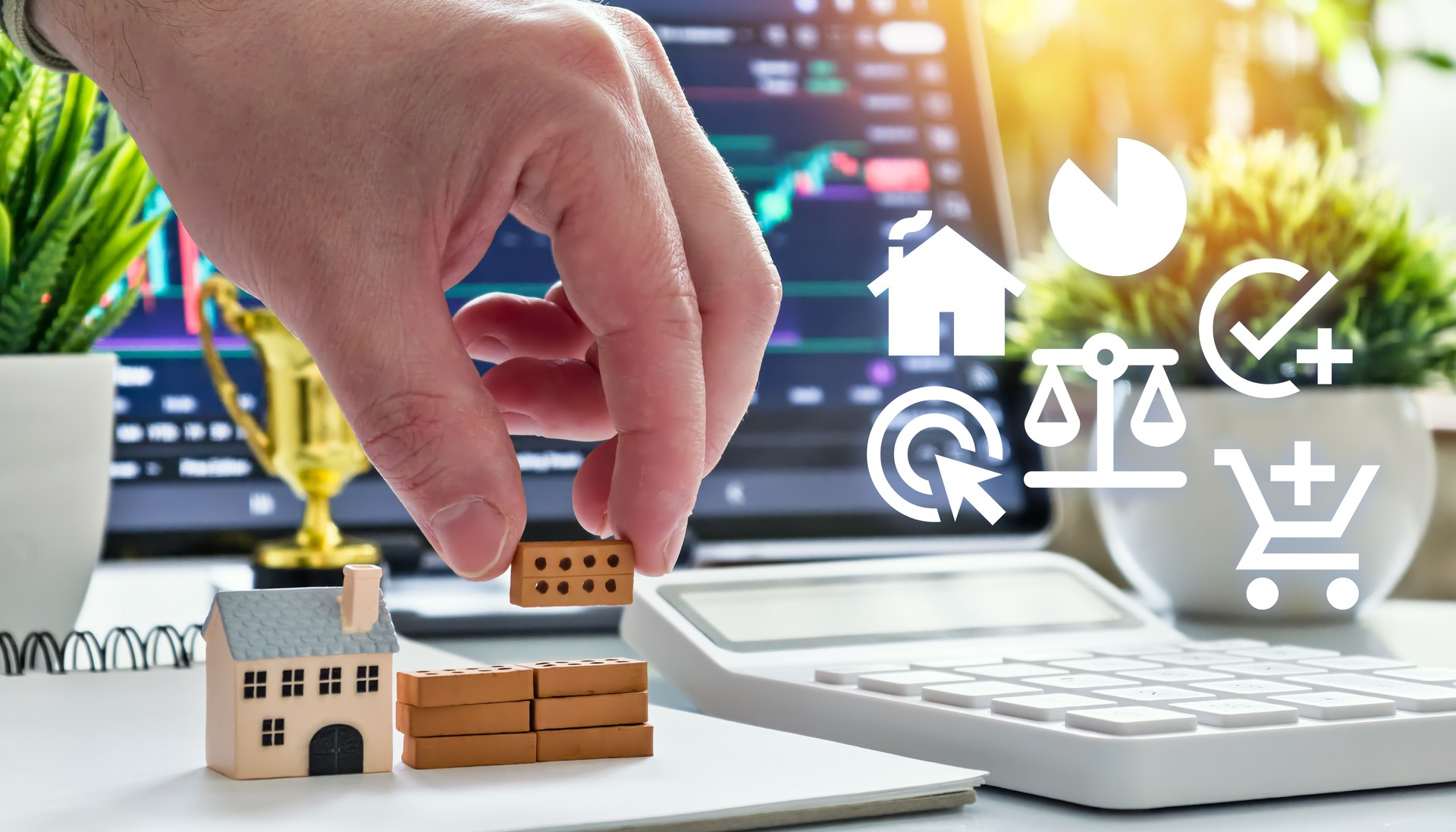 Hand Placing Brick for Real Estate Development with Financial Icons Overlay and Market Analysis Charts in Background